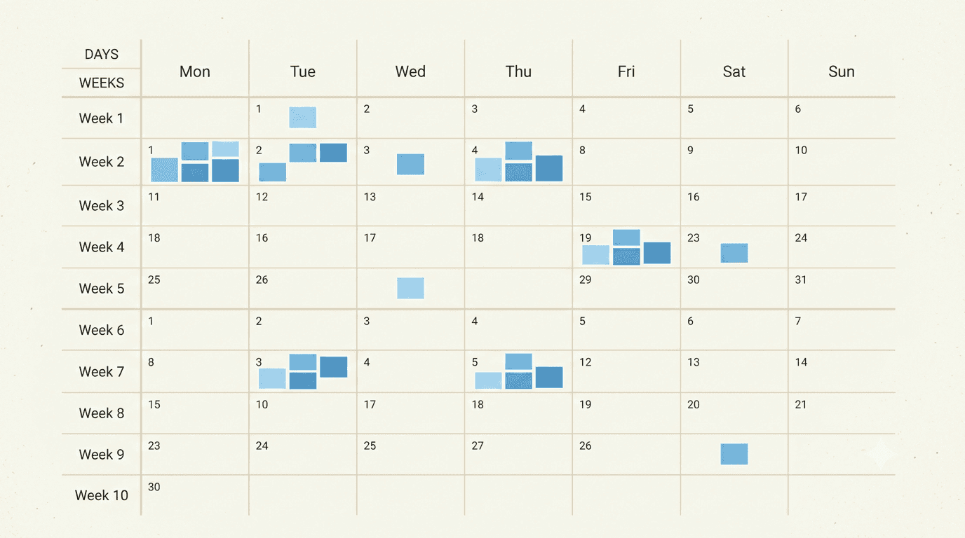 Calendario disordinato con post sparsi in modo casuale